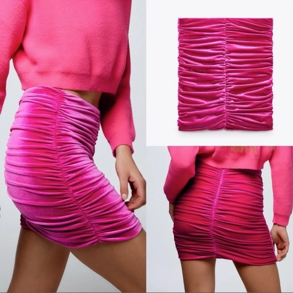 Zara Velvet Ruched Bodycon Stretch Tight High Waist Pink Mini Skirt Small